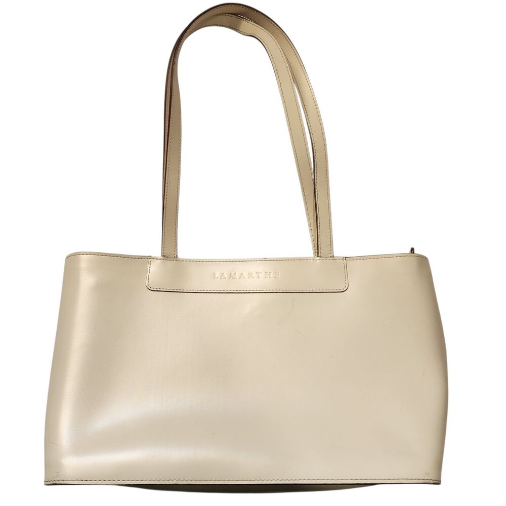 Lamarthe Italy Cream Leather Tote Bag Minimalist Shoulder Purse Large